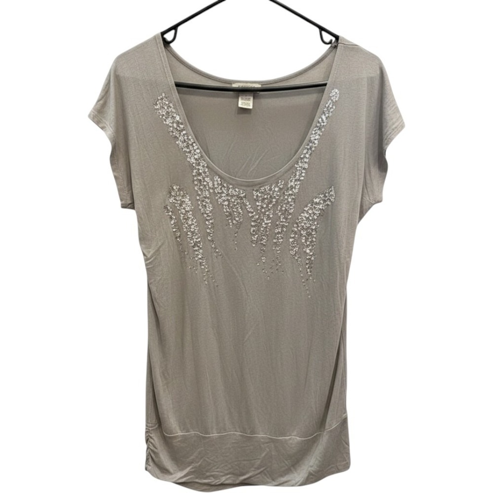 Y2K Vertigo Paris Women's Sequin Scoop Neck Top Taupe Grey Short Sleeve Large